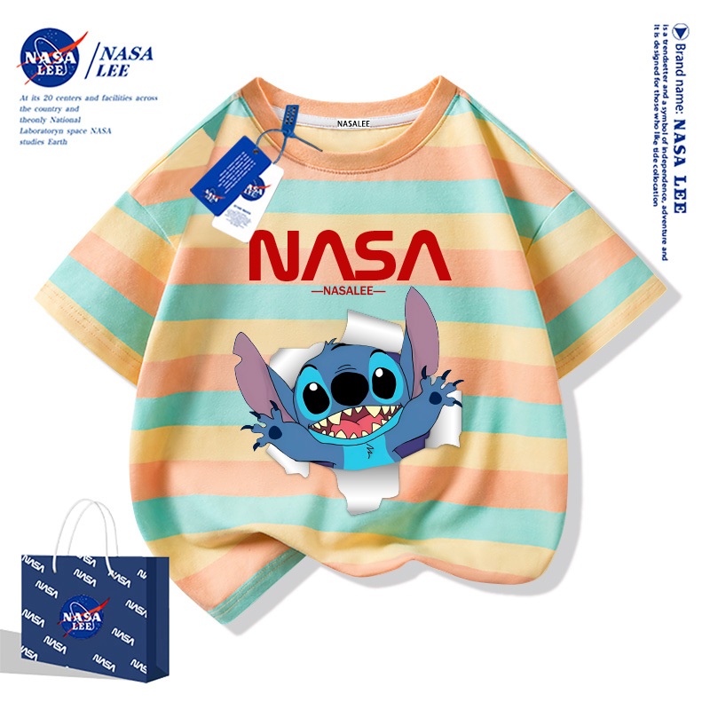 【จัดส่งภายในวันเดียว】เสื้อยืดแขนสั้นเด็ก NASA ผ้าฝ้าย ไซส์หลวม ลายสติตช์สุดน่ารัก ระบายอากาศดี