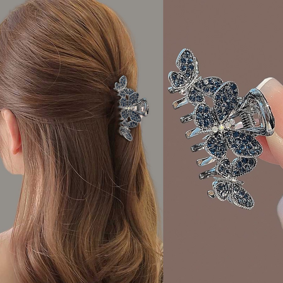 Blue Rhinestone ผีเสื้อคว้าคลิปขนาดกลางประณีตกิ๊บติดผมครึ่งผูกหญิง High-End Coil ผม Shark คลิปคลิปผม