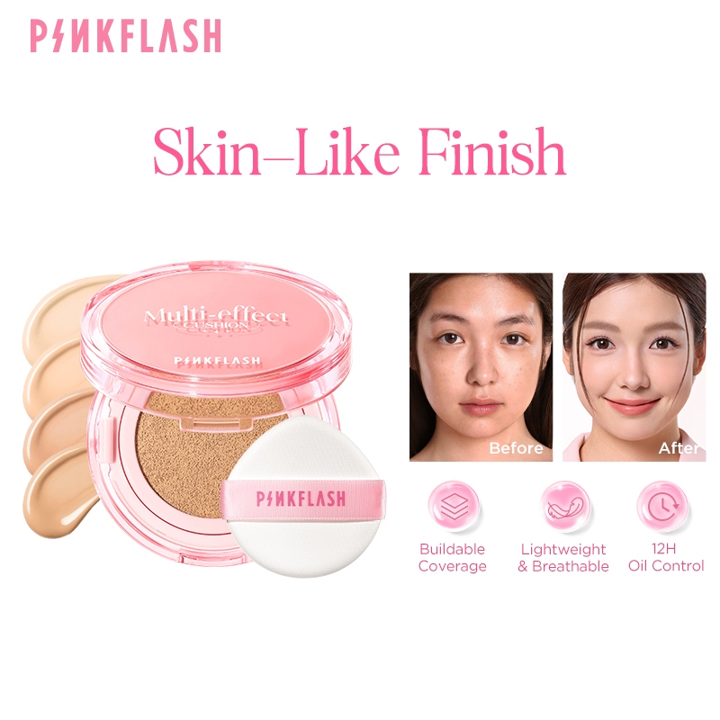 PINKFLASH Skin-Like Multi-Effect Cushion Lasting 12H กันน้ํา Transferproof น้ําหนักเบา Breathable Buildable High Coverage ส่วนผสมที่ชอบผิว Poreless