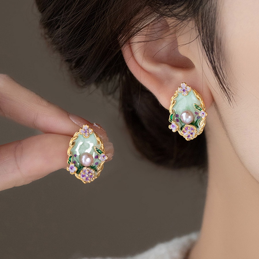 Monet Garden ต่างหูมุก High-End ต่างหูภาพวาดสีน้ํามันหญิงหรูหรา Niche Design ต่างหูประณีต