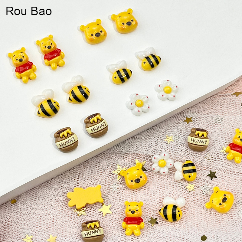 Rou Bao 20 ชิ้นเล็บน่ารัก Winnie the Pooh การ์ตูน Bee หม้อน้ําผึ้ง Girly 3D เรซิ่นเล็บ Art DIY ตกแต่ง