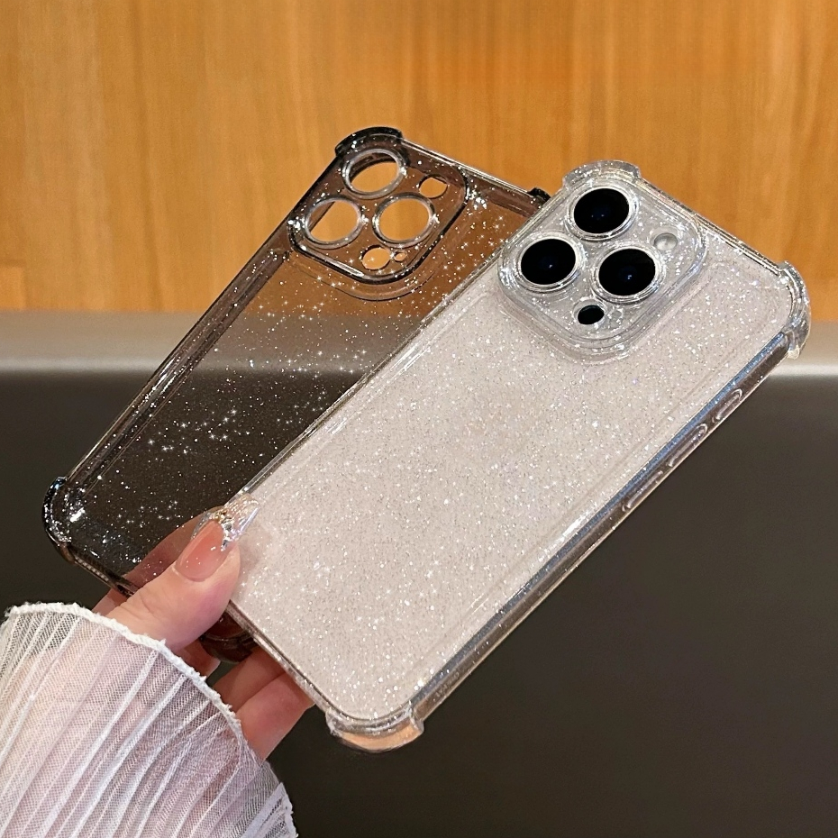 【four-corner anti-drop/glitter tpu soft case/Black】เคส compatible for iPhone 11 12 13 14 15 16 pro max case
