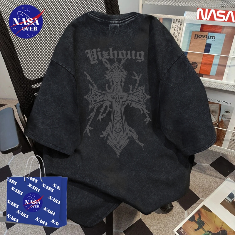 【พร้อมส่ง】🔥NASA เสื้อยืดผู้ชายผู้หญิง สไตล์อเมริกัน ขนาดใหญ่พิเศษ ลายพิมพ์กากบาท ผ้าฝ้ายแขนสั้น🔥YG866