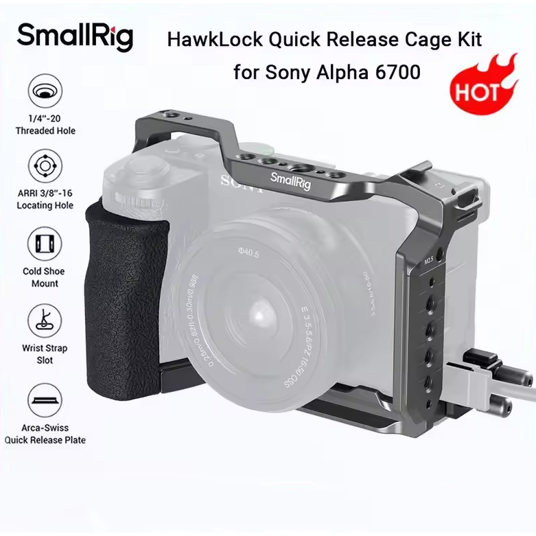 SmallRig A6700 กรง HawkLock Quick Release Cage Kit สําหรับ Sony Alpha 6700 w ซิลิโคน Grip & Cable Cl