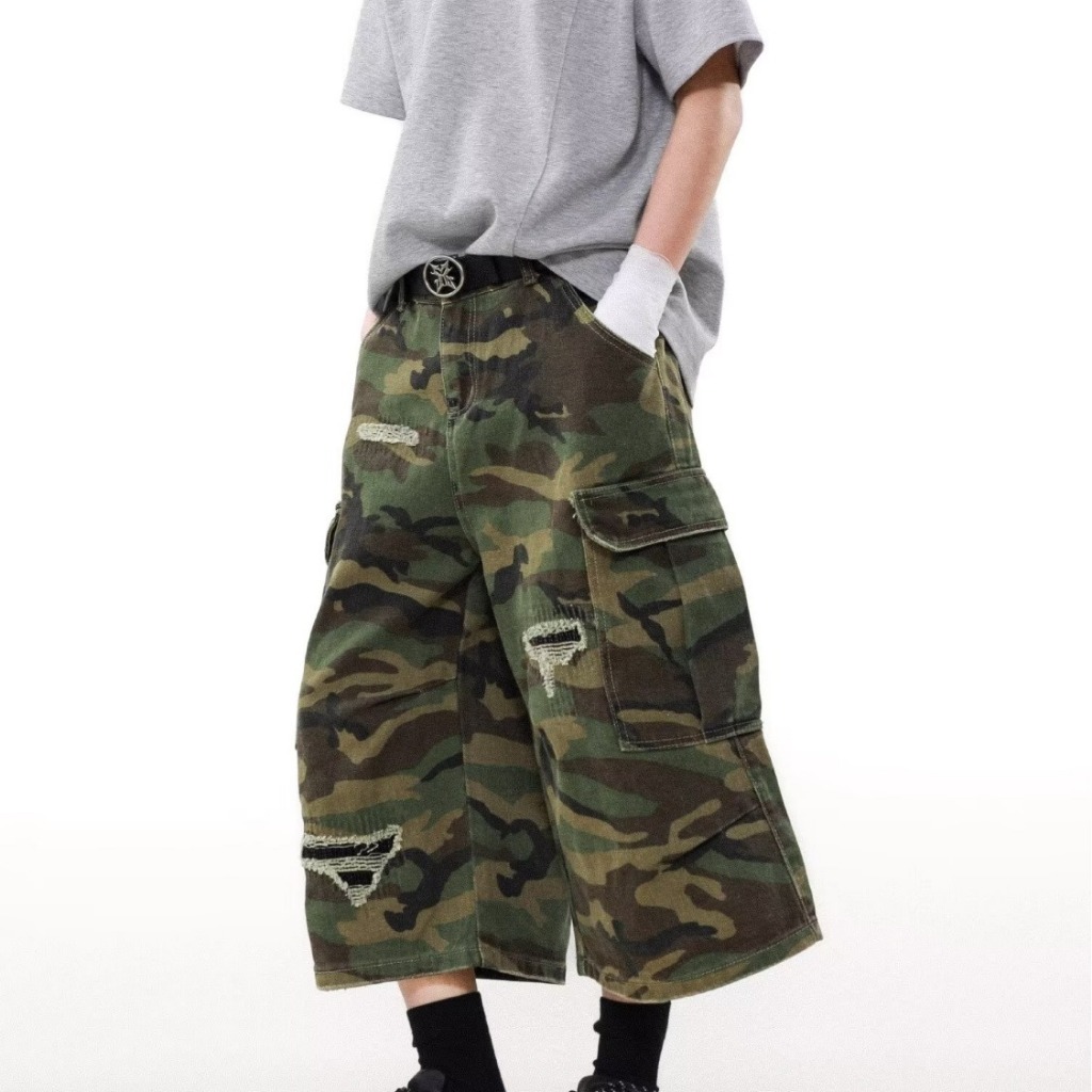 Trail Echo Summer High-Street Camo Distressed Washed Cargo Shorts Mens Loose Straight Fit