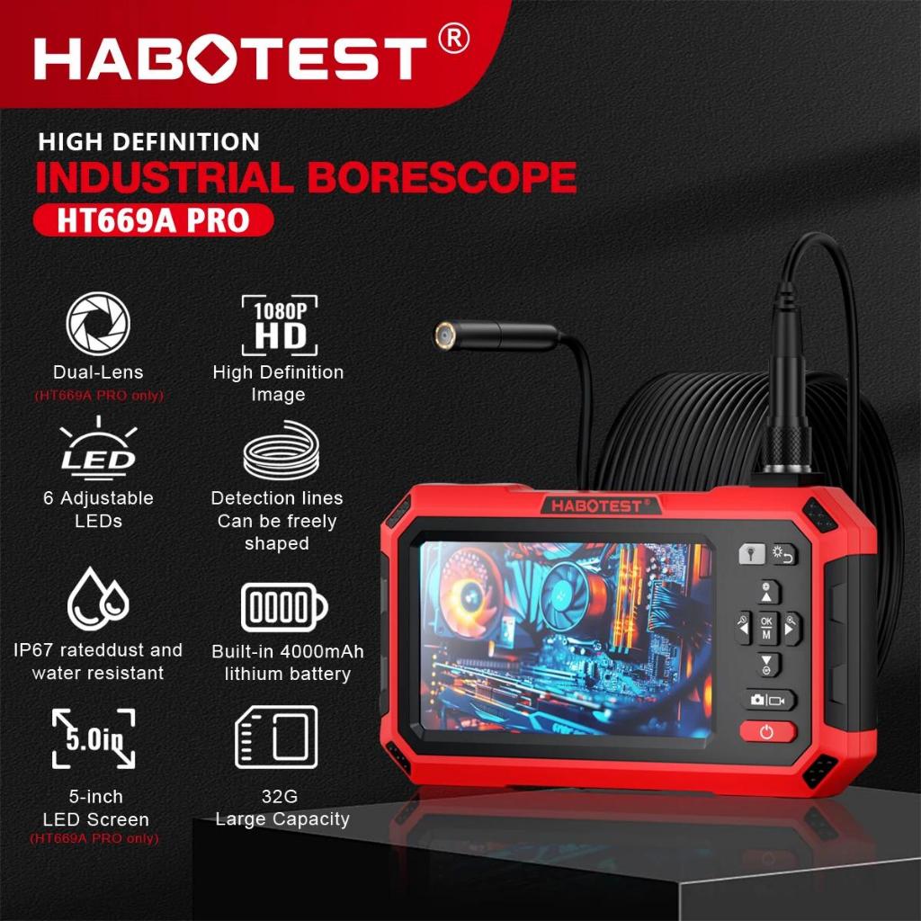 HABOTEST HT669A PRO กล้องส่องกล้องเลนส์คู่ 5 นิ้ววิดีโอกล้องส่องอุตสาหกรรม