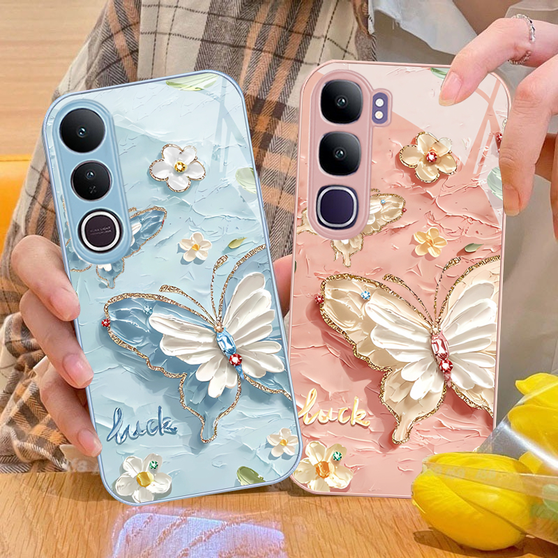 เคส Vivo Y200 5G เคส Vivo V50 Lite 5G เคสกันกระแทกน่ารักผีเสื้อสีน้ํามันสไตล์ฝาครอบกล้องความคุ้มครองหรูหราของเหลวแก้วโทรศัพท์เคสสําหรับเด็กผู้หญิงผู้หญิง