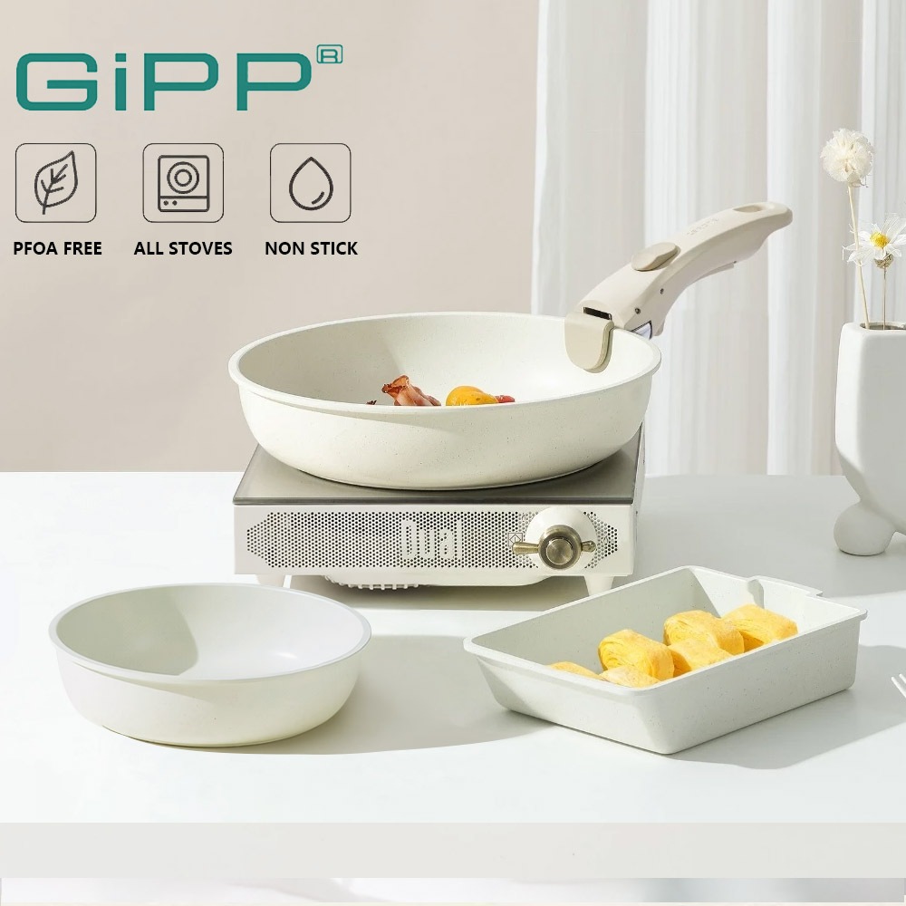 GiPP เครื่องครัวเซรามิกไม่ติดพร้อมด้ามจับแบบถอดได้สําหรับเตาทุกประเภท ปราศจาก PFOA (ชุด 7 ชิ้น)