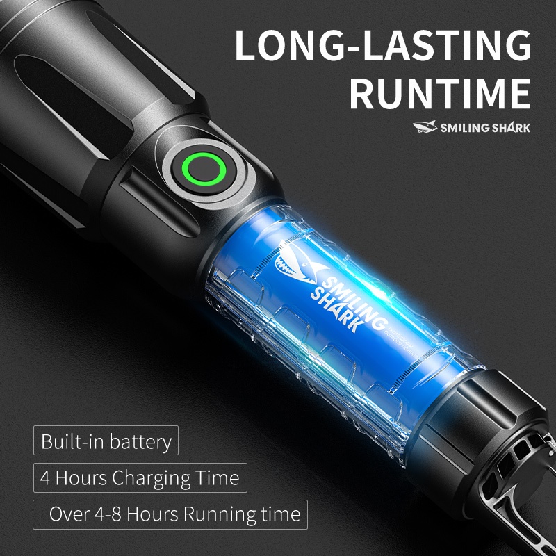 SmilingShark SD5384 ไฟฉาย led พกพาได้ XPE ยิง 1 กม. ด้วยการออกแบบเบ็ด ไฟคบเพลิง สว่างมาก ซูมได้ 3 โหมด Type-C แบบชาร์จได้ มีน้ำหนักเบา กันน้ำสำหรับการเดินป่าแคมป์ปิ้ง — صورة 6