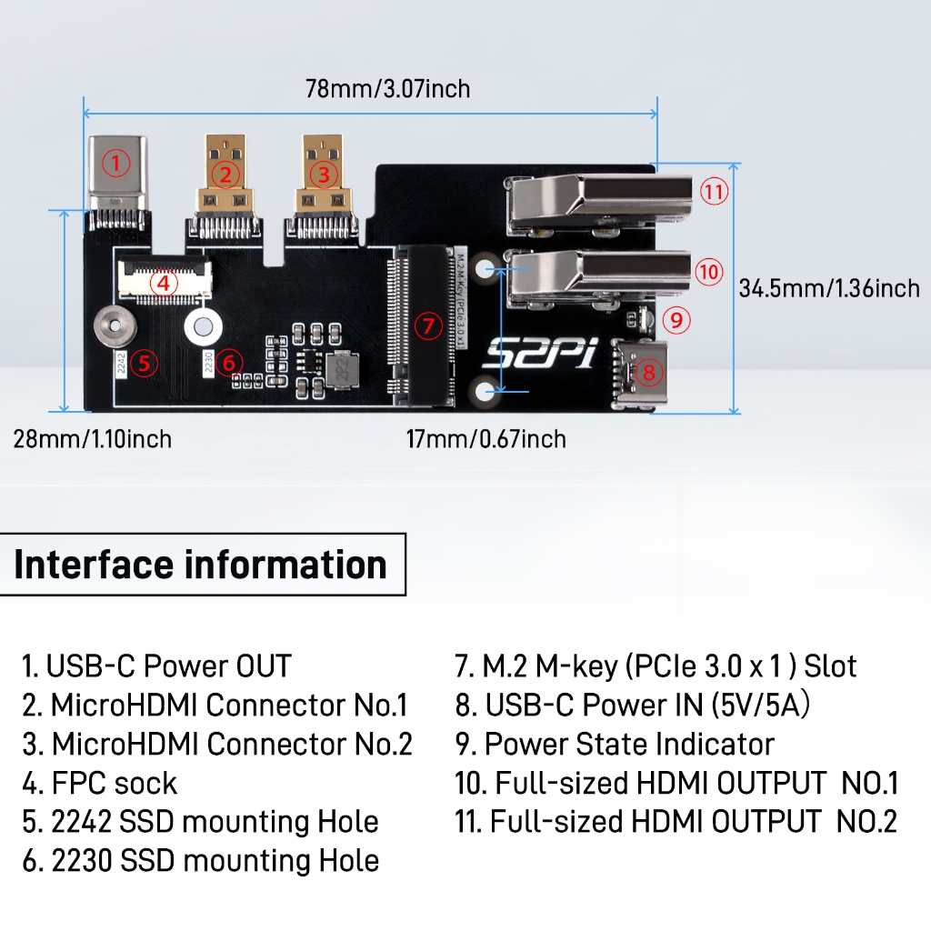52Pi Micro HDMI to HDMI อะแดปเตอร์มัลติฟังก์ชั่น PCIe 3.0x1 M.2 NVMe 2230/2242 สําหรับ Raspberry Pi 5 - รูปที่ 3