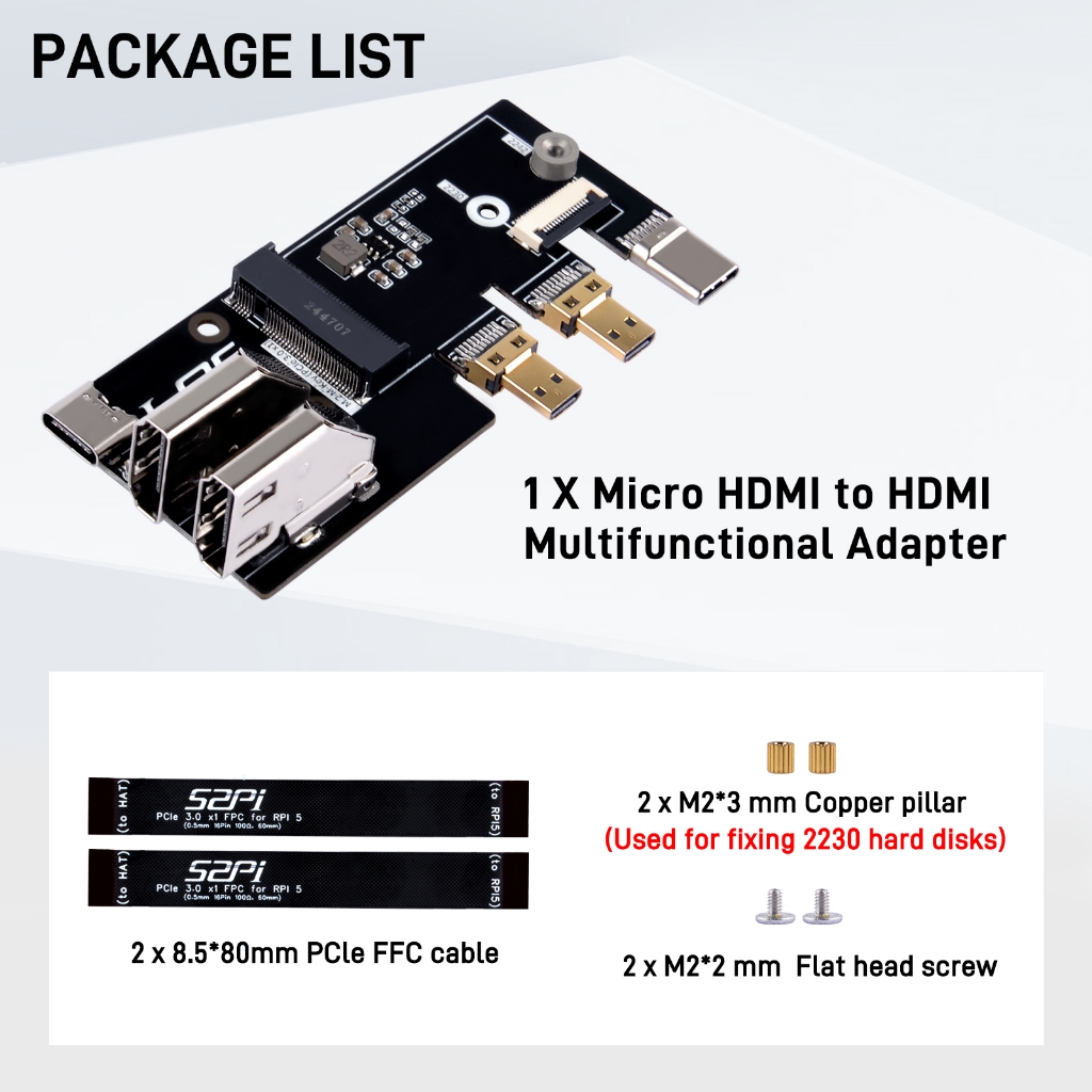52Pi Micro HDMI to HDMI อะแดปเตอร์มัลติฟังก์ชั่น PCIe 3.0x1 M.2 NVMe 2230/2242 สําหรับ Raspberry Pi 5 - รูปที่ 6