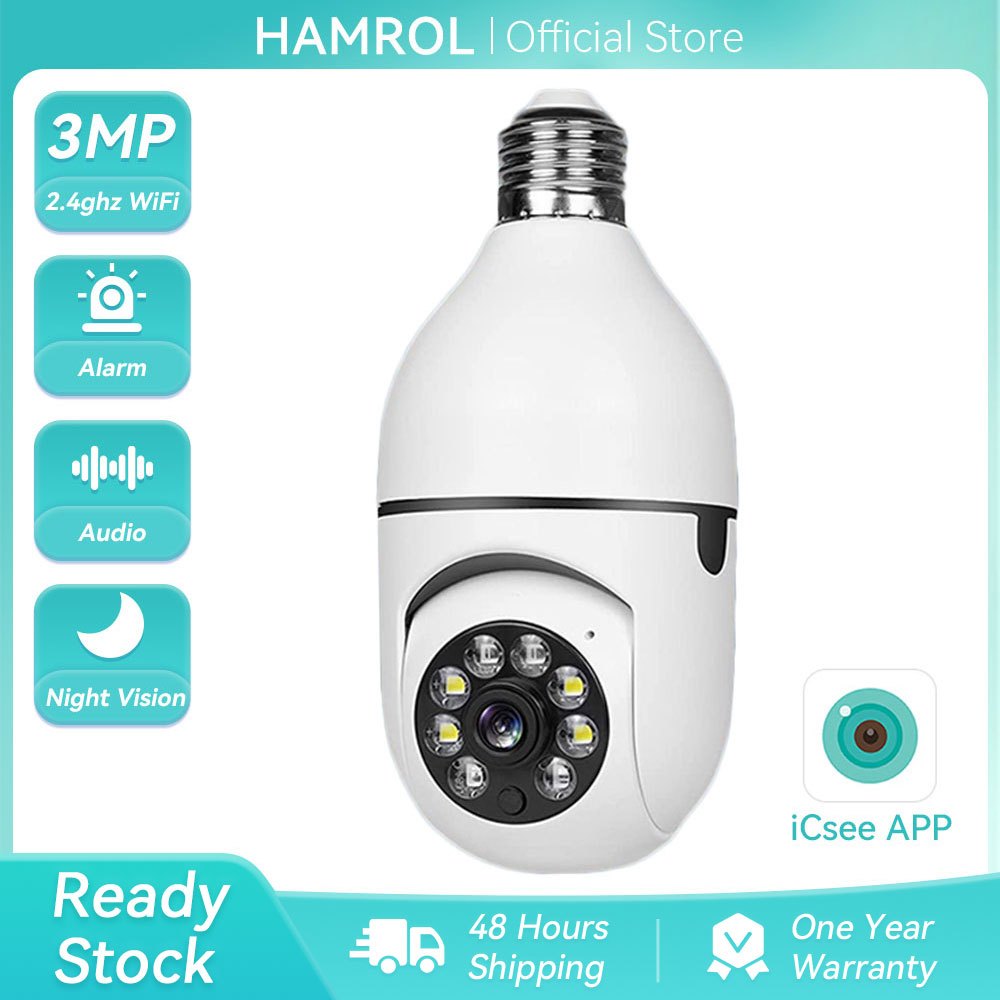 Hamrol 3MP E27 Bulb PTZ Wifi Camera iCsee app 1080P Auto Tracking 4X Digital Zoom 2MP Indoor CCTV