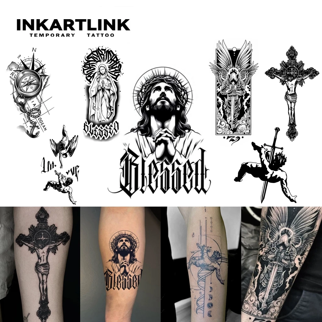 สติ๊กเกอร์รอยสักชั่วคราวแขน INKARTLINK, Big Angel กันน้ํา Long-lasting Magic Tattoo, ติดทนนานถึง 15 วัน, รอยสักปลอม, รอยสักกึ่งถาวรสําหรับผู้ชาย