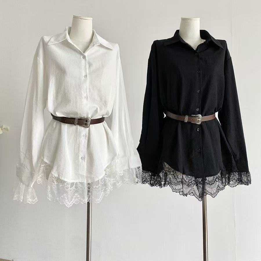 สไตล์เกาหลีผู้หญิงสุภาพสตรีหลวมลูกไม้เสื้อแขนยาวเสื้อ