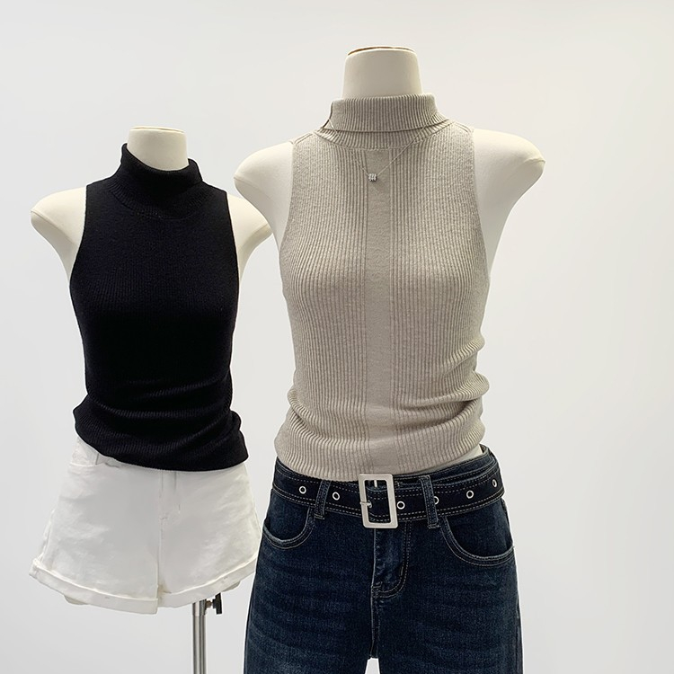 88553 เสื้อกั๊กถักแขนกุดผ้าขนสัตว์สกินนี่สีทึบคอสูง