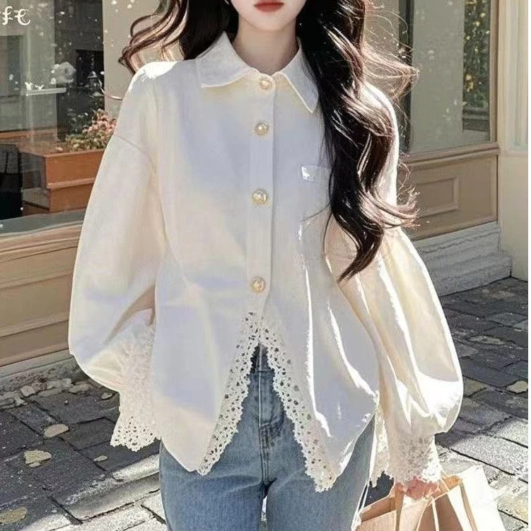 เกาหลี ผู้หญิงแฟชั่นย้อนยุคบางแขนยาวปกเสื้อท็อปส์