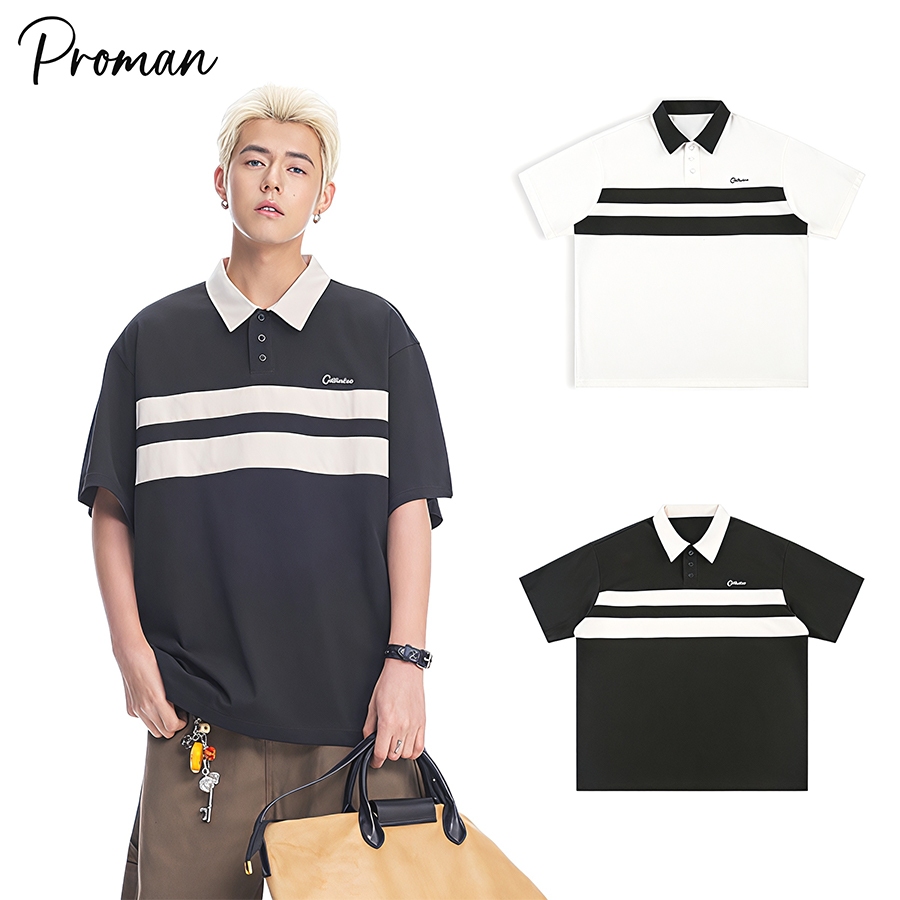 ⚡ProMan⚡แขนสั้นลายทางสไตล์อเมริกัน  เสื้อโปโล  สีต่อ  เสื้อผ้าผู้ชายแฟชั่น  ลำลอง