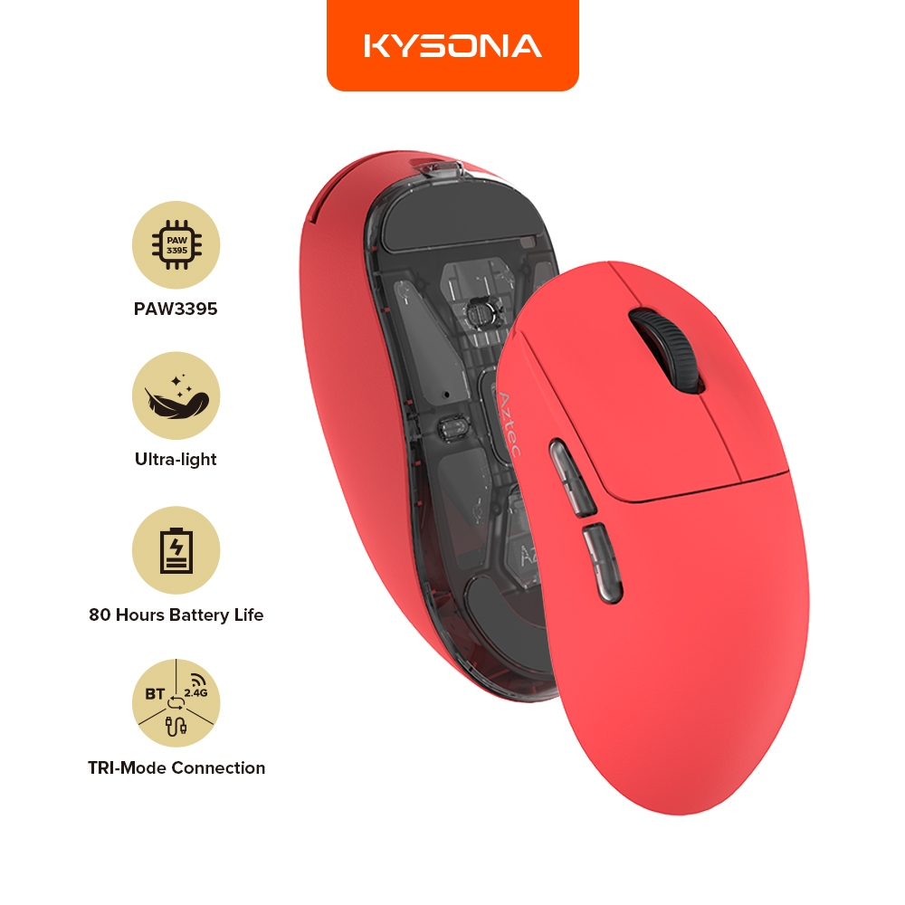 KYSONA Aztec Gaming Mouse ไร้สาย PAW3395 แบตเตอรี่แบบชาร์จไฟได้น้ําหนักเบาสูงสุด 26000 DPI