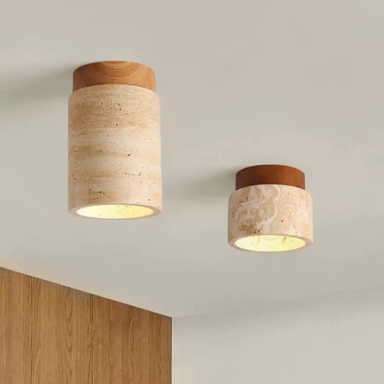 โคมไฟเพดานหิน Travertine สีเหลือง 7W Vintage Wabi-Sabi ครีมสไตล์ LED ห้องโถงและไฟทางเข้า