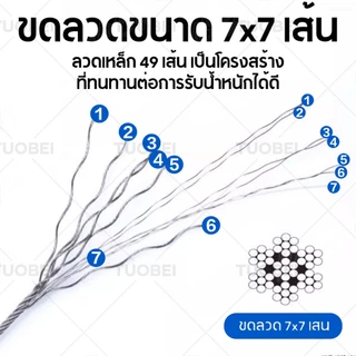 304 ลวดสลิงสแตนเลส 7x7 ขนาด 2มม-5มม.ทนทานไม่เป็นสนิม 100%มีสต๊อกพร้อมส่งจากกรุงเทพฯ 50m/100m/200m