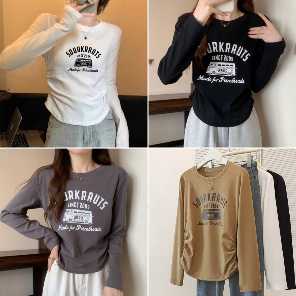 Hotgirl พร้อมส่ง✨เสื้อยืดแขนยาวผู้หญิง เสื้อยืดสวยๆผู้หญิง พิมพ์ลายตัวอักษรแฟชั่นสไตล์อเมริกัน ทรงพอดีตัวพร้อมดีไซน์เอวจีบ