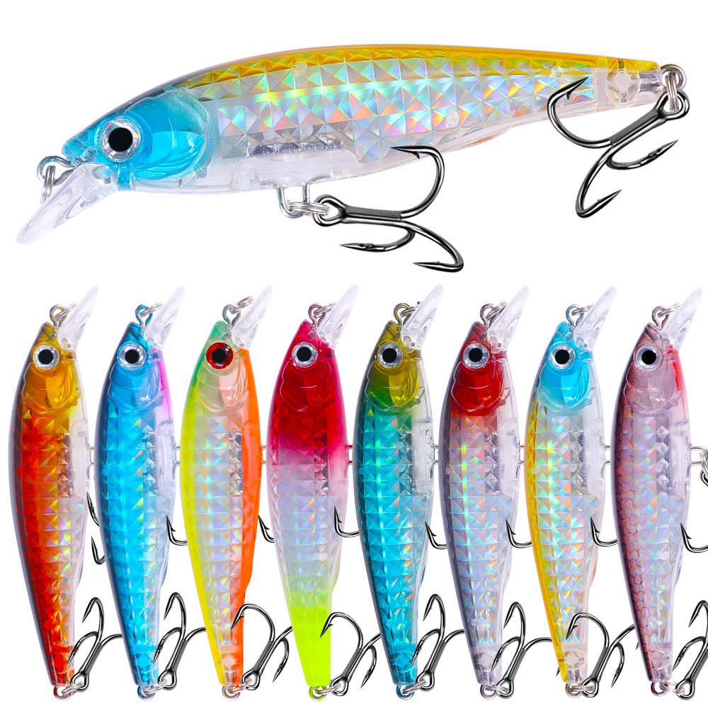 HENGJIA 1pcs Minnow Fishing Lure 90 มม.9.5g Crankbait Hard เหยื่อลอย Wobbler ประดิษฐ์เบสด้านในเลเซอร์อุปกรณ์เสริม