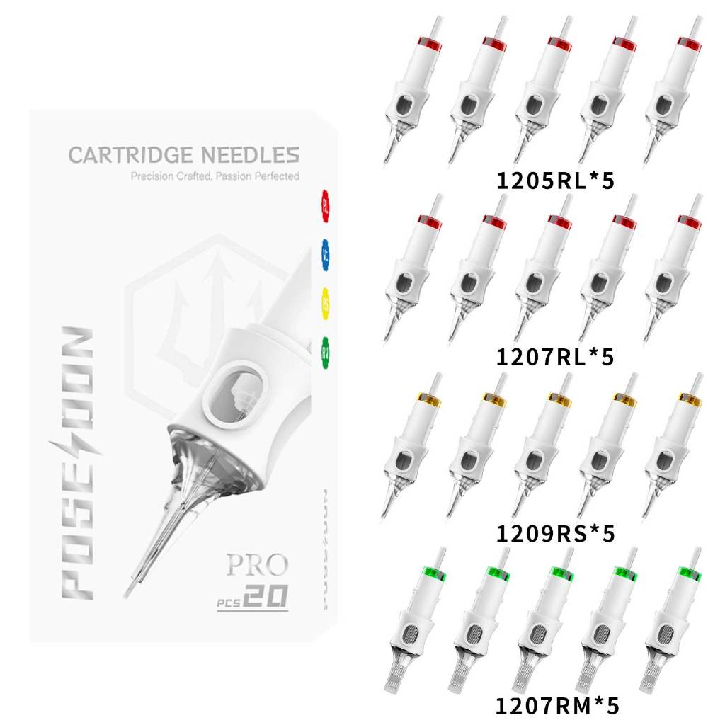 ตลับเข็มสัก POSEIDON 20 ชิ้น/กล่อง Mix 0.35 มม. มาตรฐานสารพันทิ้ง ใช้กับเครื่องสักปากกาสัก