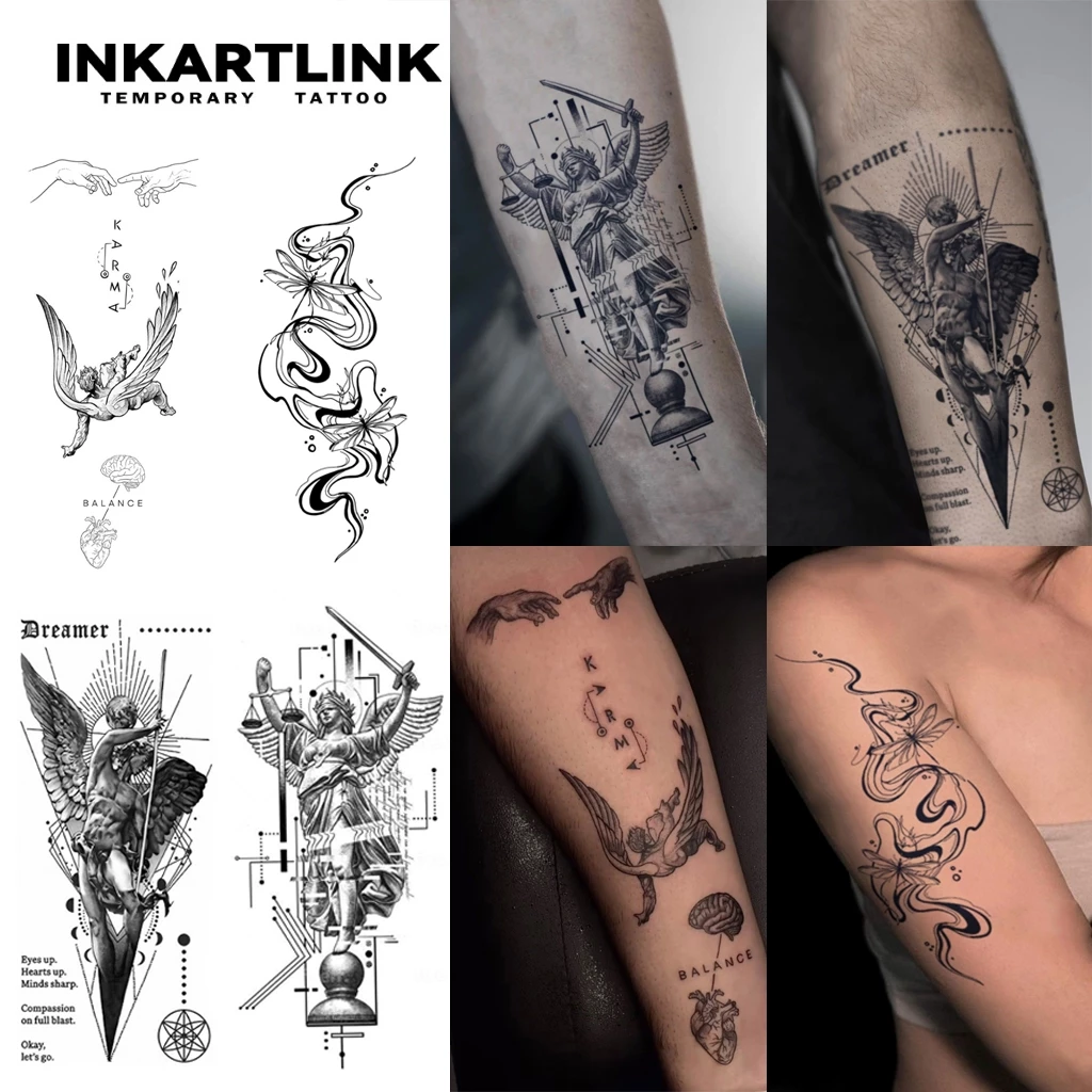 Inkartlink สติ๊กเกอร์รอยสักชั่วคราวแขนสไตล์มินิมอล, รอยสักวิเศษกันน้ําติดทนนาน, ติดทนนานถึง 15 วัน, รอยสักปลอม, ชุดกึ่งถาวร
