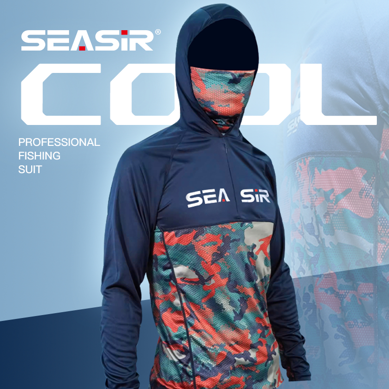 Seasir ใหม่ UPF50 + เสื้อกันหนาวมีฮู้ดตกปลาป้องกันแสงแดดพร้อมหน้ากากใบหน้า Camo น้ําหนักเบาคอ Gaiter แขนยาวสําหรับตกปลากลางแจ้ง