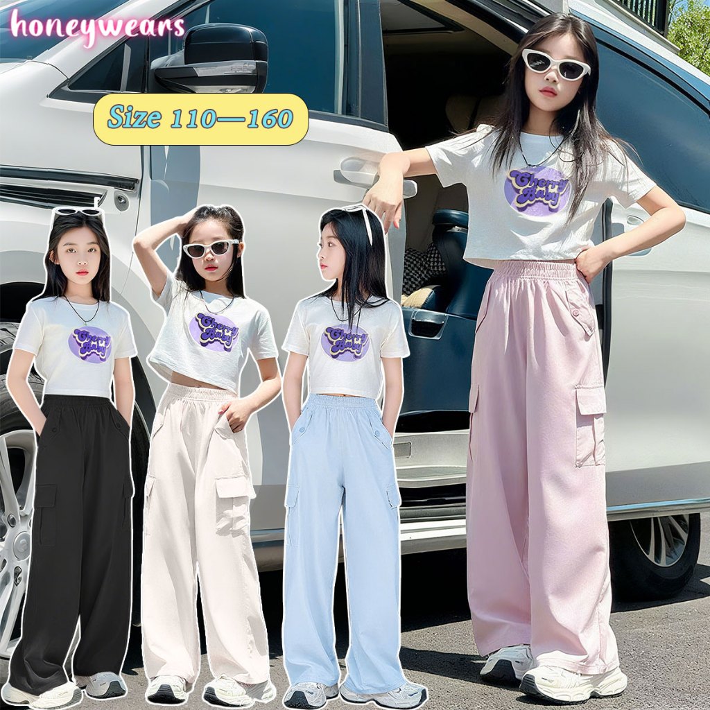 honeywears⚡️พร้อมส่ง⚡️ชุดเด็กผู้หญิงแฟชั่นฤดูร้อน เสื้อแขนสั้น+กางเกงคาร์โก้ สีสดใส สไตล์เกาหลี ไซส์ 120-160