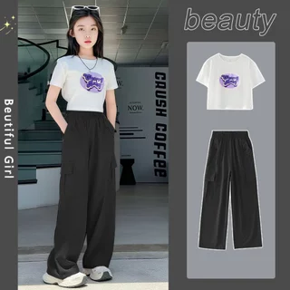 honeywears⚡️พร้อมส่ง⚡️ชุดเด็กผู้หญิงแฟชั่นฤดูร้อน เสื้อแขนสั้น+กางเกงคาร์โก้ สีสดใส สไตล์เกาหลี ไซส์ 120-160