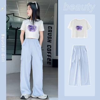 honeywears⚡️พร้อมส่ง⚡️ชุดเด็กผู้หญิงแฟชั่นฤดูร้อน เสื้อแขนสั้น+กางเกงคาร์โก้ สีสดใส สไตล์เกาหลี ไซส์ 120-160
