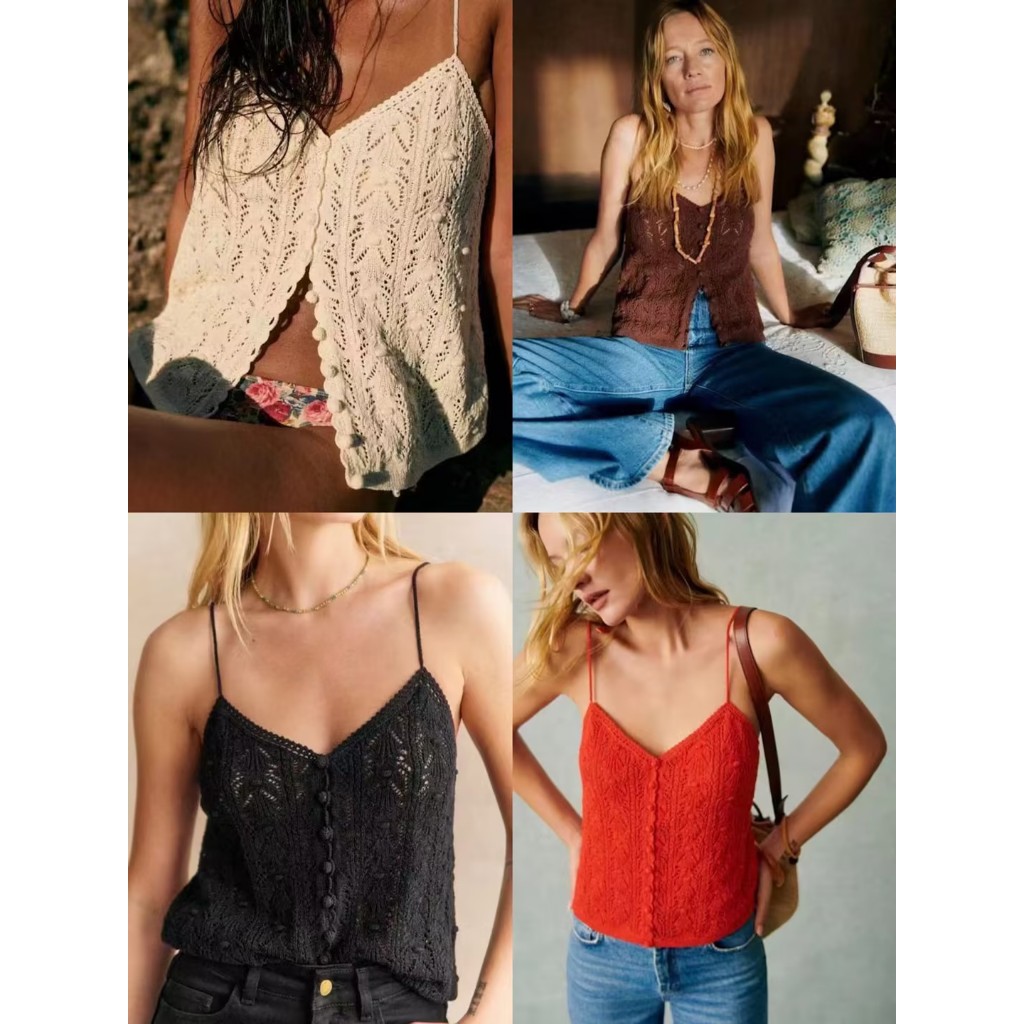 ขายตัวอย่าง ถักโครเชต์ Hollow ถัก Camisole French Pastoral Retro Classic sezane Original Factory
