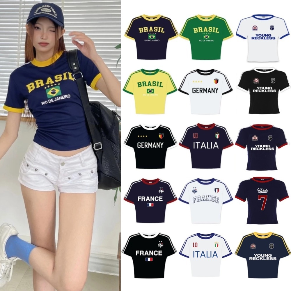 Babytee เสื้อครอปสตรีสไตล์เกาหลีเสื้อตัวฟุตบอลผสมแบรนด์ท้องถิ่นเทรนด์มาแรง 2025