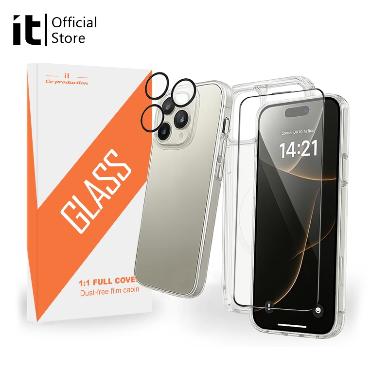 [it]3-IN-1 /เคสiPhone+ฟิล์มไอโฟน+เลนส์กล้องไอโฟน 16 promax-11pro กันกระแทกและป้องกันแตกเคสโทรศัพท์ฟิล์มกระจกนิรภัยแบบเต็มครอบคลุม (โปร่งใส)