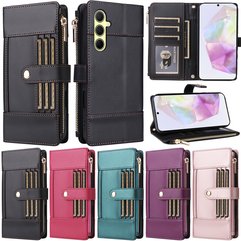 SAMSUNG หรูหราสําหรับSamsung Galaxy S24 FE A56 A36 A16 A26 A55 A35 A15 S23 FE S21 FE S25 Ultra S25 Plus S24 Plus S23 + S22 + S21 + S25 EDGEซิปกระเป๋าสตางค์หนังPUกรณี