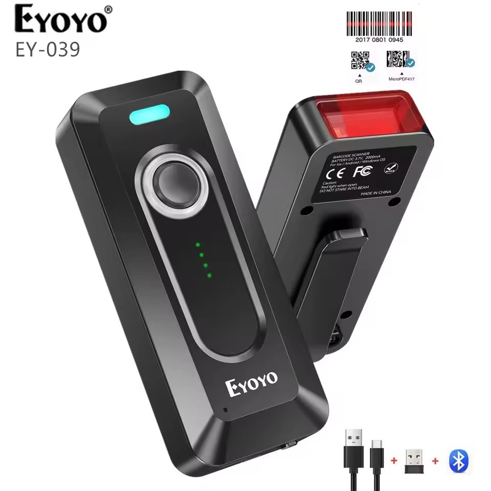 Eyoyo 2D Bluetooth Barcode Scanner แบบพกพามินิ QR Code Reader Scanner ไร้สายพร้อมคลิปแบตเตอรี่ 2000m
