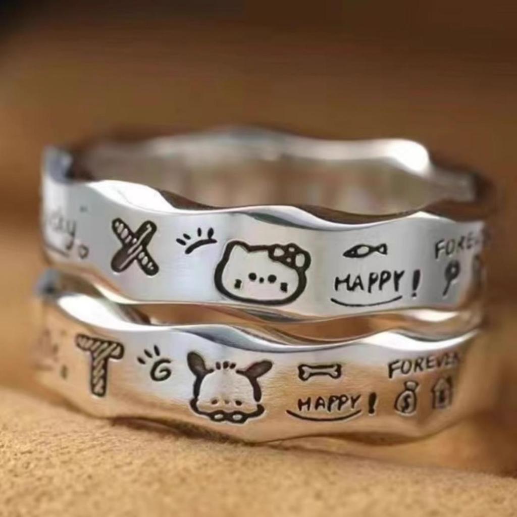 Niche Design All-Match Minimalist Graffiti Wavy Edge Ring หญิงประณีตแฟชั่น Classy Pacha สุนัขคู่