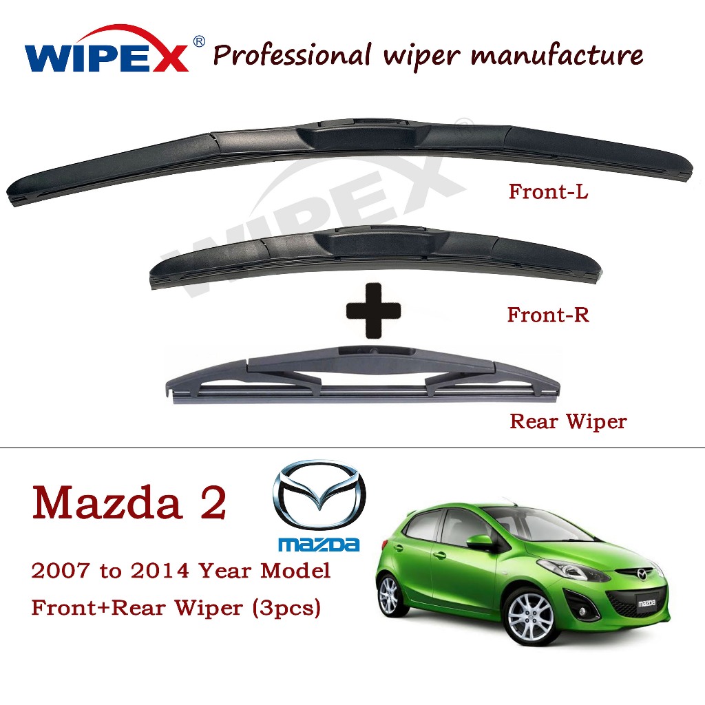 2007-2014 ใบปัดน้ําฝน Mazda 2 สําหรับ M2 Hatchback Sportback หรือรถเก๋งรถ Window Wipers ชุด (ซิลิโคนไฮบริดด้านหน้า/ด้านหลังเดิม) จาก Wipex Wixr