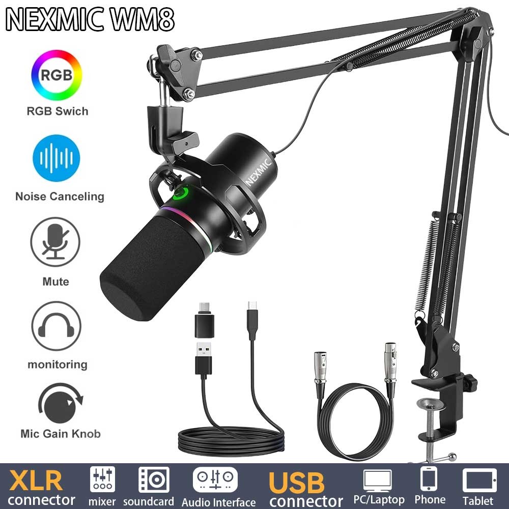 NEXMIC WM8 ไมโครโฟนคอนเดนเซอร์ USB, ไมโครโฟนตัดเสียงรบกวน, ชุดบูมไมโครโฟนไดนามิก XLR สําหรับพีซี/โทรศัพท์/การ์ดเสียง/มิกเซอร์/แล็ปท็อป