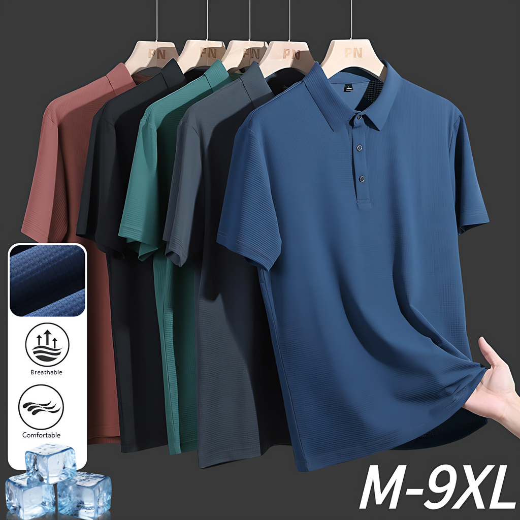 M-9XL ฤดูร้อนสไตล์ใหม่แขนสั้นผ้าไหมน้ําแข็งเสื้อโปโลผู้ชายขนาดบวกBreathable Quick-Dryingสูงยืดด้านบน