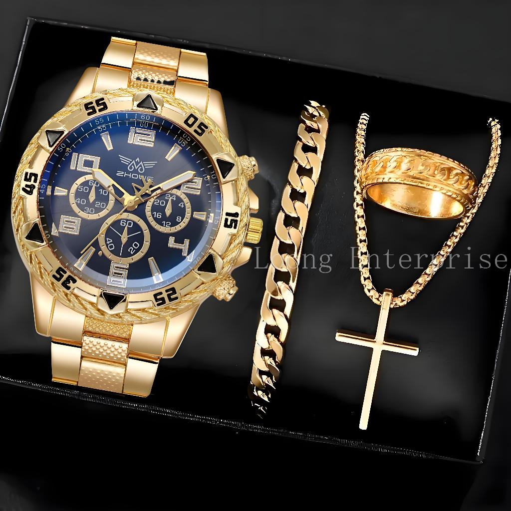 4pcs ผู้ชายหรูหราสแตนเลสสตีลควอตซ์นาฬิกา Casual สร้อยคอสร้อยข้อมือชุด Man Gold ธุรกิจ Jam Tangan Lelaki นาฬิกาสําหรับชาย