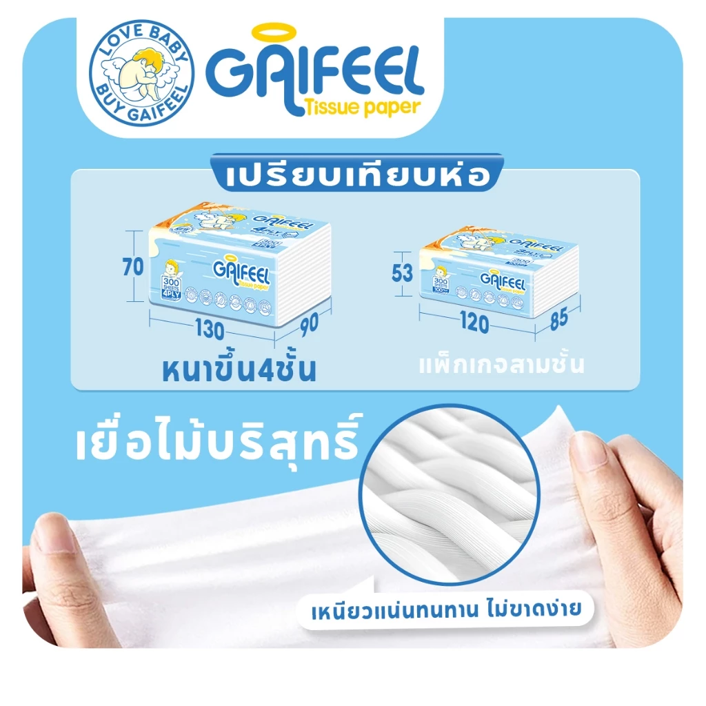 GAIFEEL กระดาษทิชชู  ออกแบบ 4 ชั้น, 8 แพ็คต่อชุด, แพ็คละ 300 แผ่น, กระดาษชำระสำหรับครอบครัว thumbnail 9
