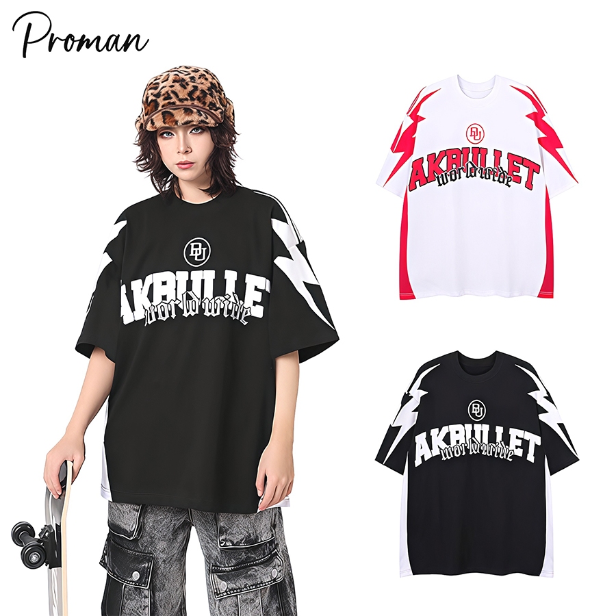 💥ProMan💥ฤดูร้อนเย็บสีแขนสั้น  คอกลม  oversize  สไตล์ฮิปฮอป  รุ่นเดียวกันทั้งชายและหญิง