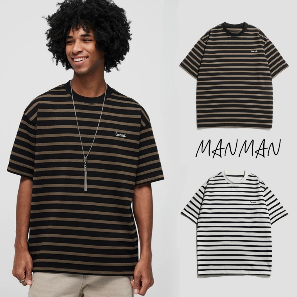 M＆M เสื้อยืดลายทาง คอกลม พิมพ์ลายตัวอักษร แบบหลวมลำลอง ฤดูร้อนปี2025รุ่นใหม่