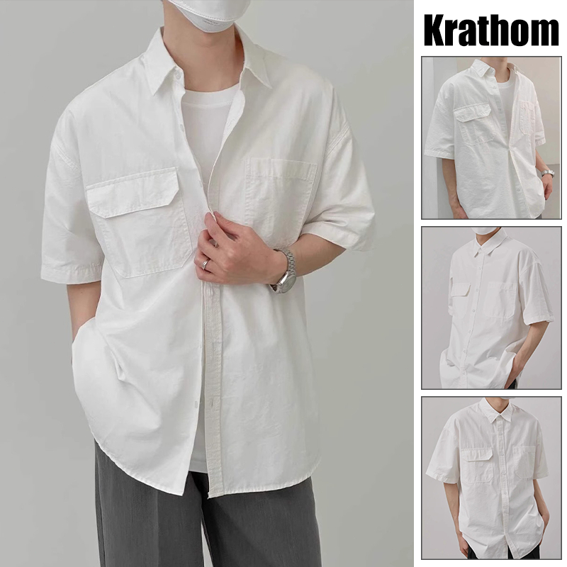 เสื้อเชิ้ตแขนสั้นสไตล์เกาหลี มินิมอล ดีไซน์หลวมล้ำสมัย สีเรียบหรู ระดับพรีเมียม ใส่ได้คลุกคลี ไอเท็มต้องมีในตู้