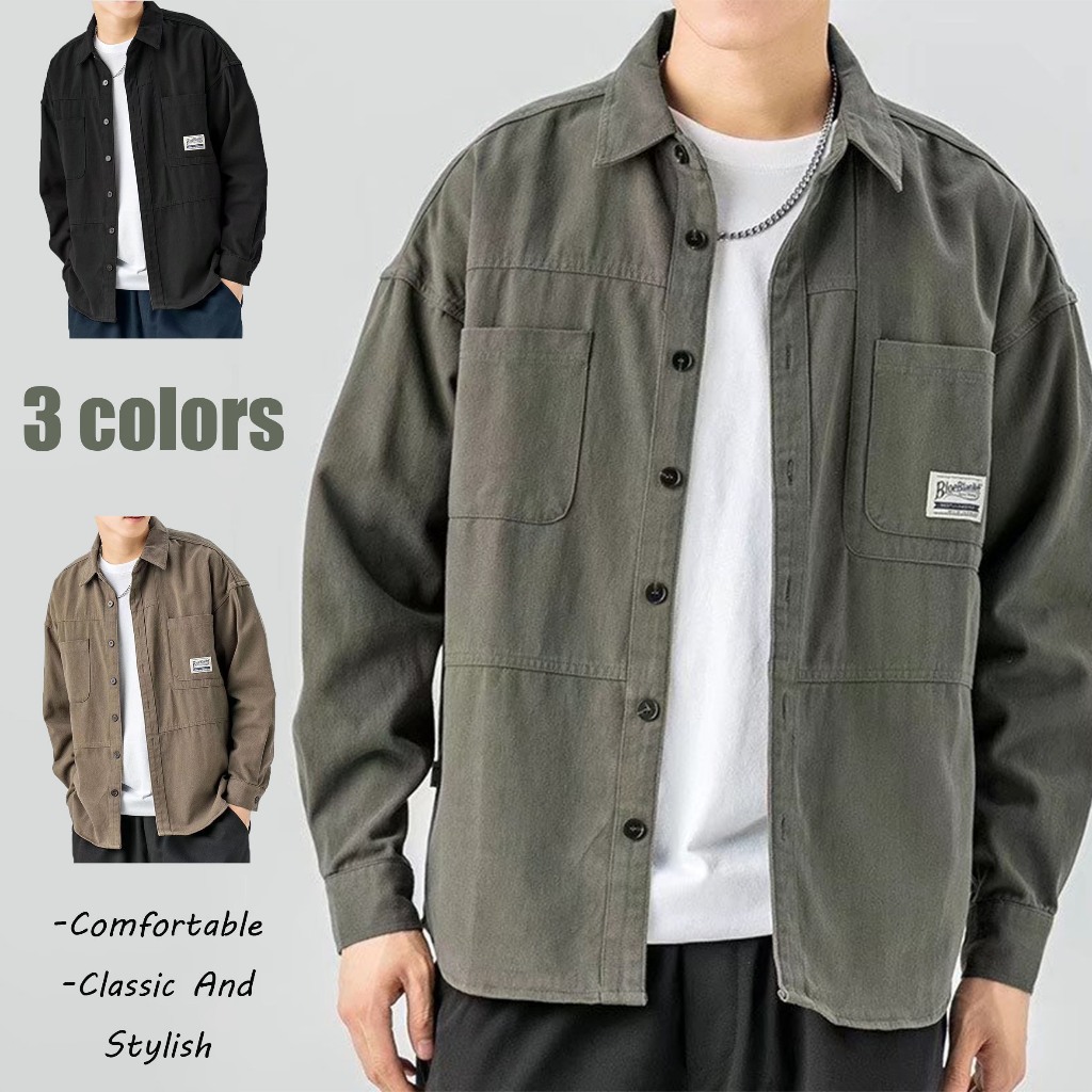 ญี่ปุ่นย้อนยุคชุดทํางานป้ายเสื้อผู้ชายกีฬาที่เรียบง่ายสีทึบหล่อกับกระเป๋าเสื้อเป็นกลางใหม่ซอกหลวมแขนยาวผู้ชายม-3เอ็กแอล