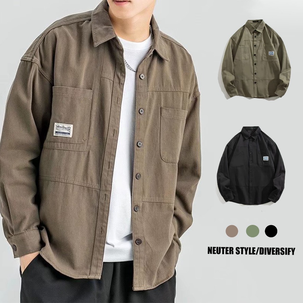 ฮาราจูกุสไตล์ญี่ปุ่นระบายอากาศและสะดวกสบายเสื้อชายหนุ่มยอดนิยมป้ายเรียบง่ายแขนยาวผู้ชายวรรณกรรมใหม่ซอกสีทึบท็อปส์เป็นกลาง