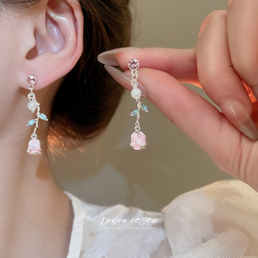 เดรช 925เข็มเงินเคลือบหยดเคลือบต่างหูดอกไม้สีชมพูกุหลาบแสงหรูหราระดับไฮเอนด์ต่างหูสาวหวาน