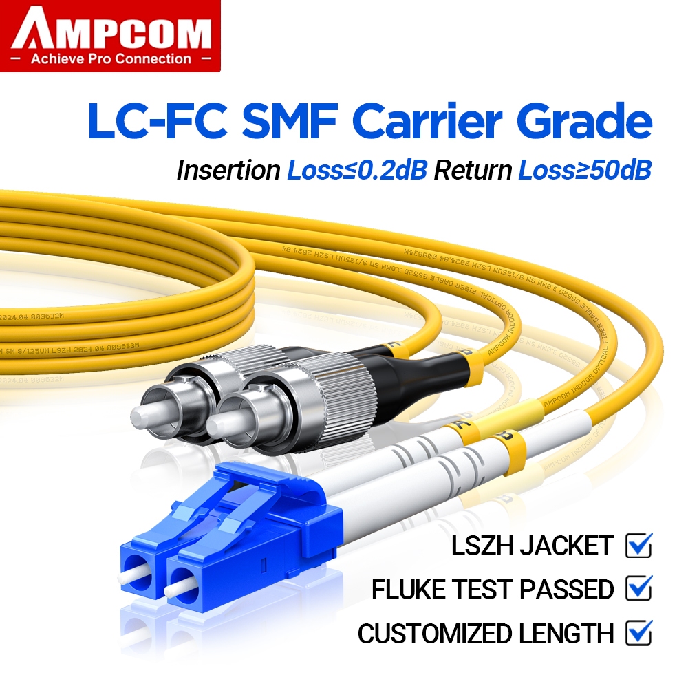 AMPCOM สายแพทช์ใยแสงแบบ LC ถึง FC UPC ใยแสงโหมดเดียวแบบดูแปลก 9/125μm โหมดเดียวทนงอขนาด 2.0 มม. ของใยแสงใยแสง